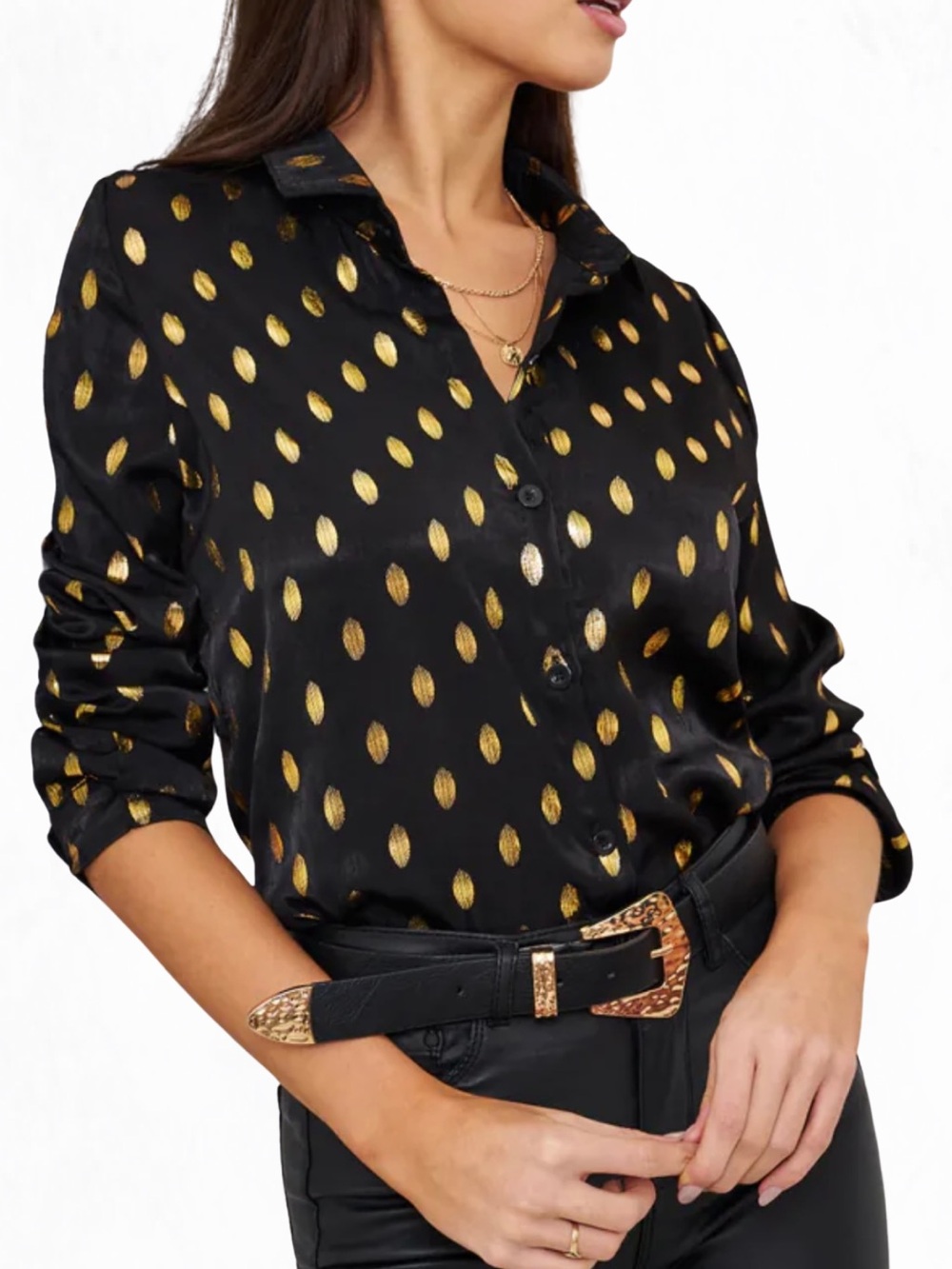 Avanova Women's Black Button-Up Blouse with Gold Dot Print